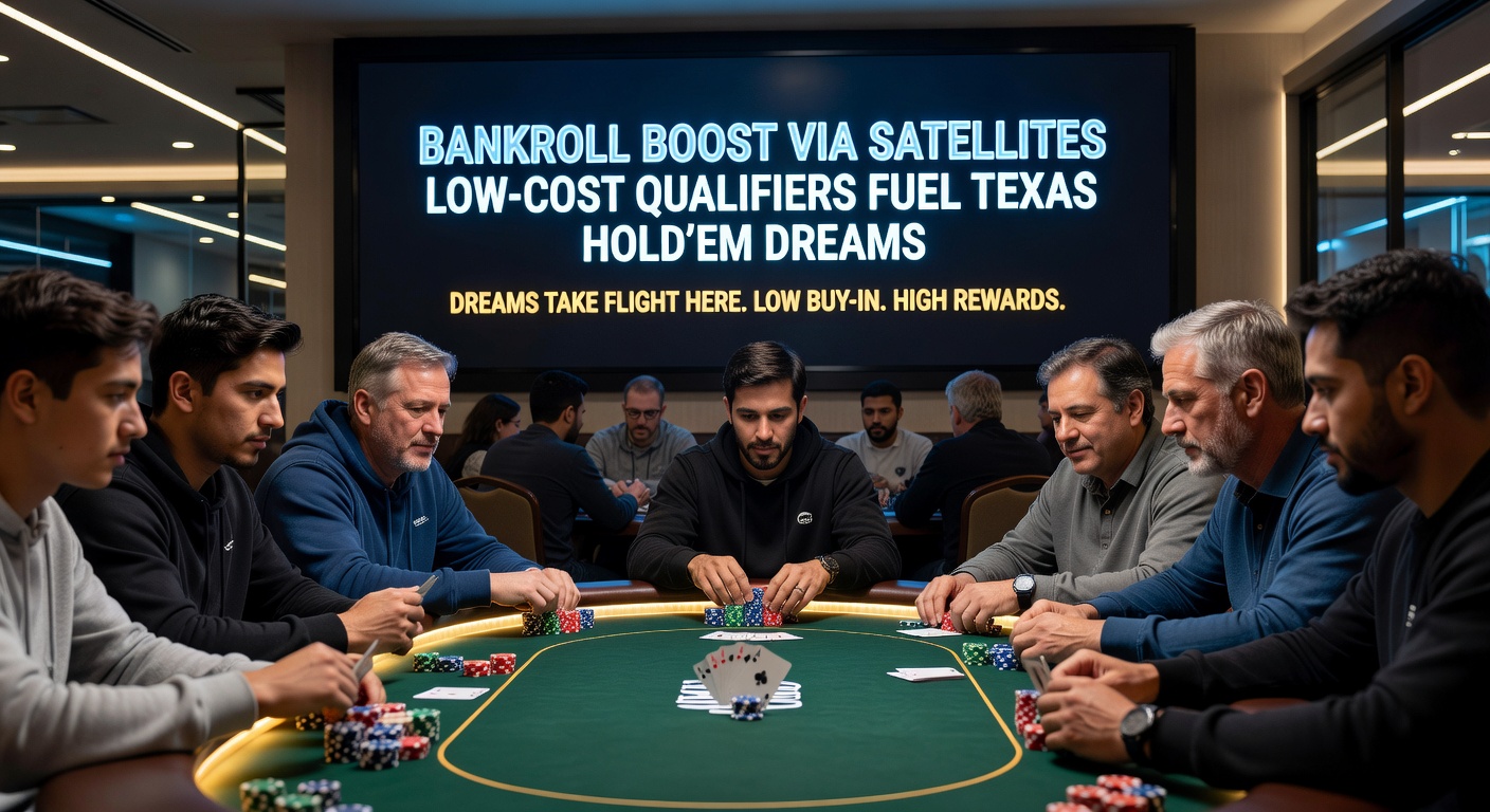 Grafiek met bankroll groei via satellite winsten over tijd, met pieken bij grote toernooiseries