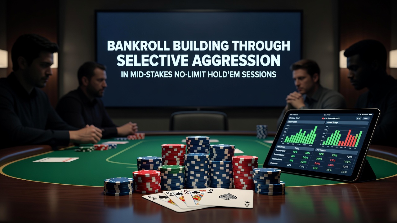 Poker tafel met chips en kaarten in een mid-stakes sessie