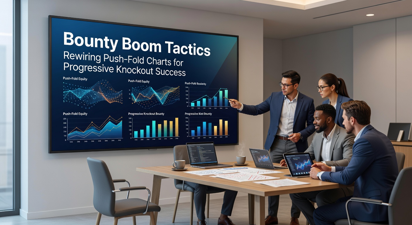 Grafiek met push-fold ranges aangepast voor bounty-waarden in PKO-toernooien, toonend shove- en call-grenzen bij verschillende stackdieptes