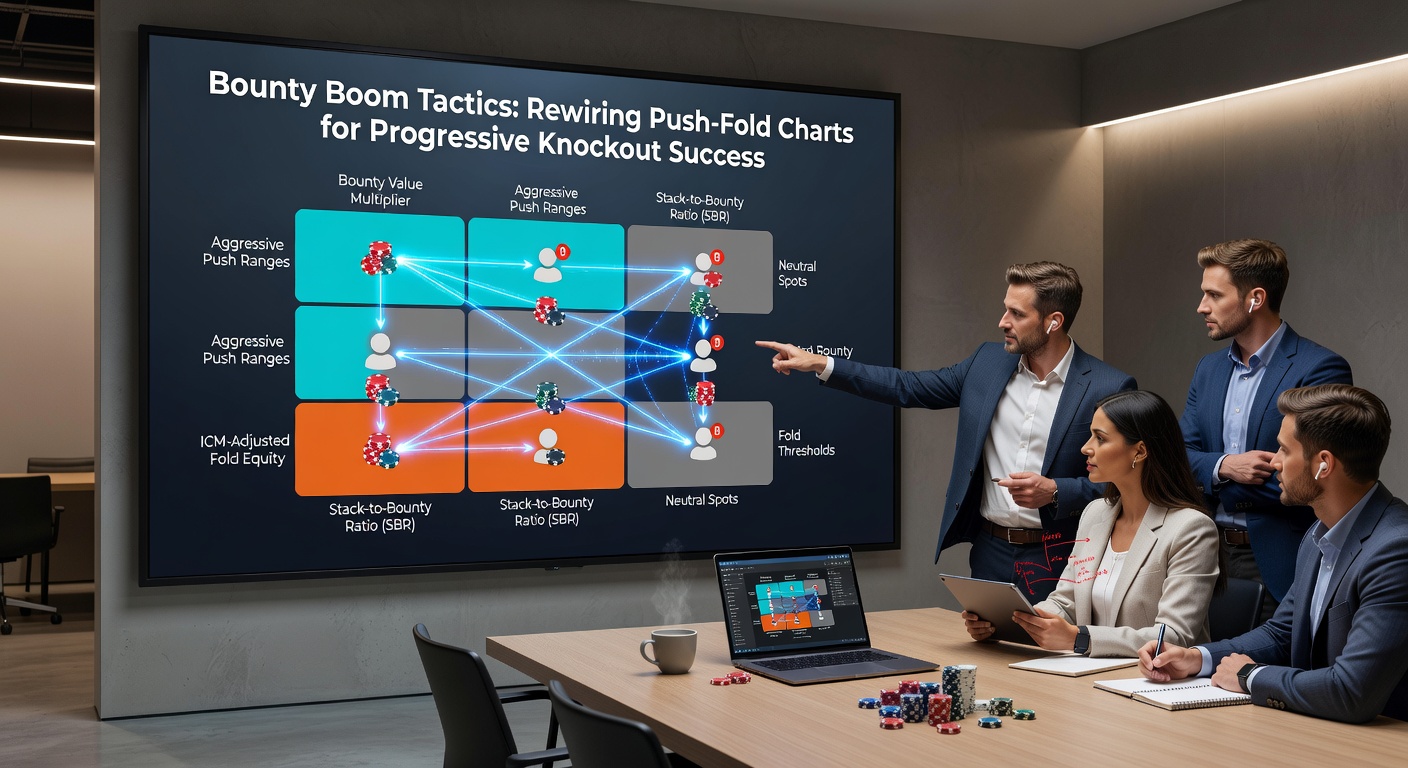 Voorbeeld van een geüpdatete PKO push-fold chart met kleurcodering voor bounty-aangepaste ranges, inclusief call- en reshove-grenzen
