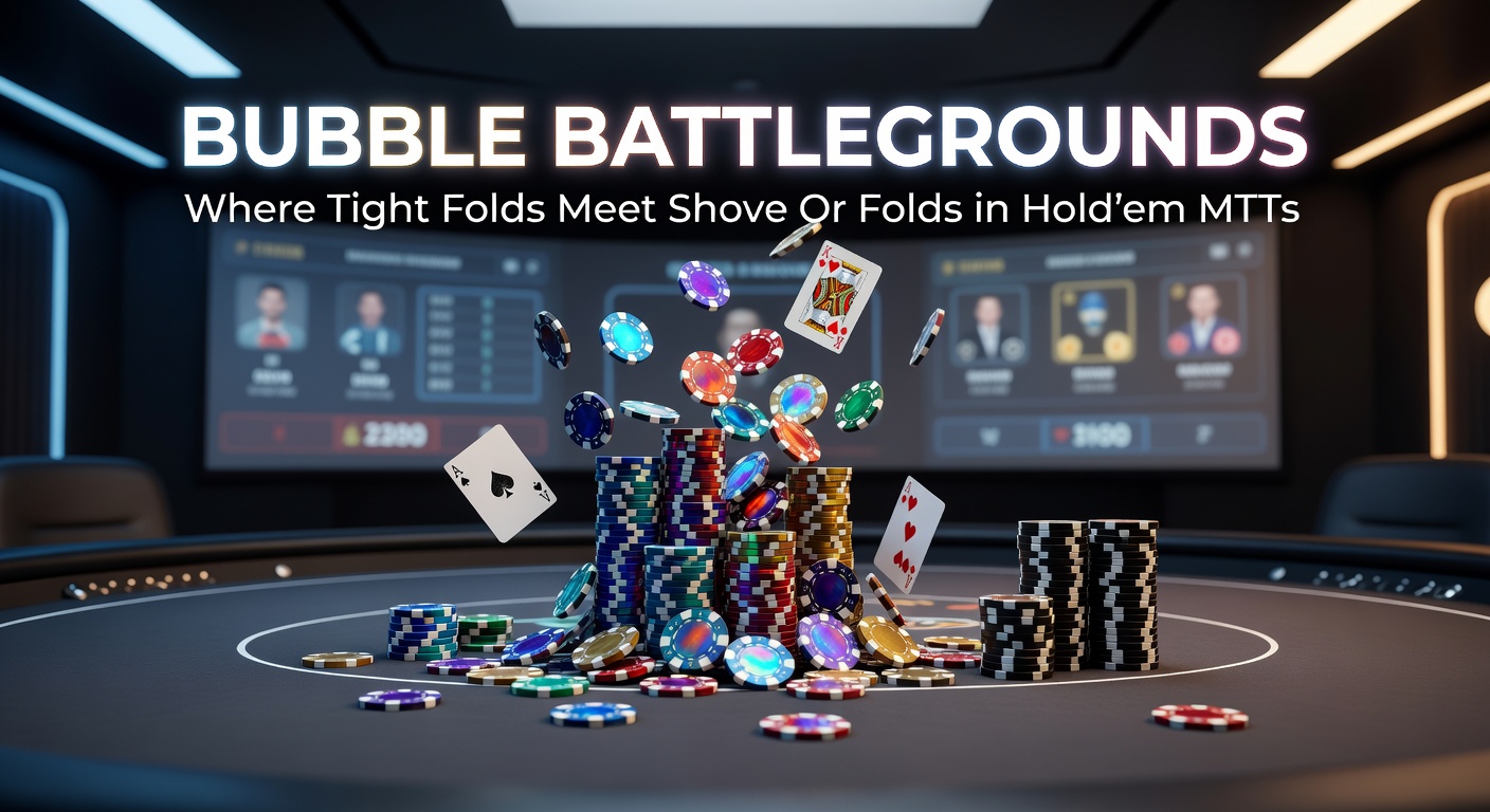 Spelers in intense concentratie tijdens de bubble-fase van een Hold'em MTT, met chips en kaarten in een geladen sfeer