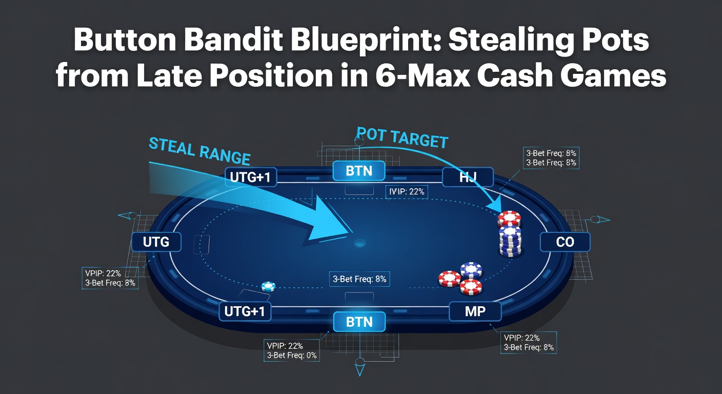 Speler op de button steelt een pot in een 6-max cash game, met chips en kaarten op tafel