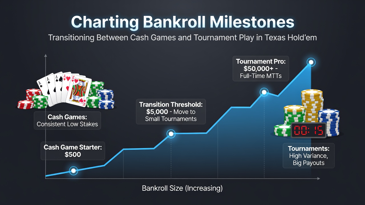 Diagram met bankroll mijlpalen voor poker overgangen in Texas Hold'em