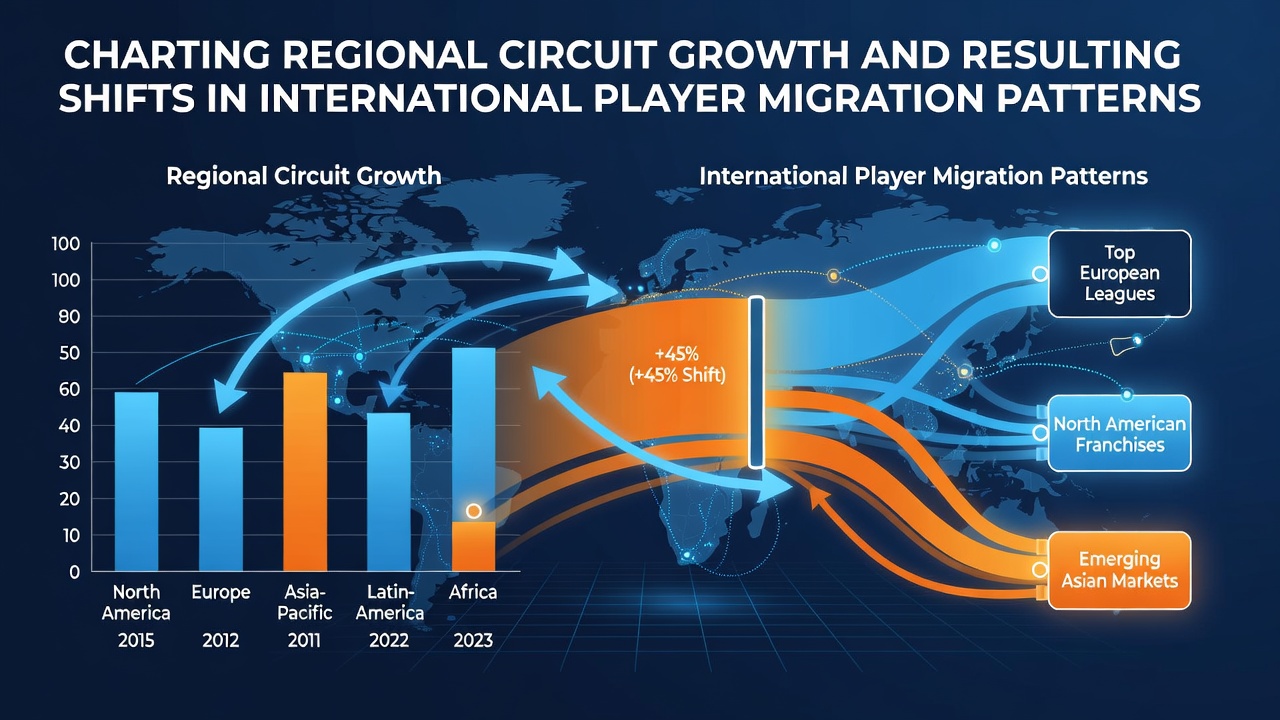 Kaart die regionale pokercircuitlocaties en migratiestromen toont