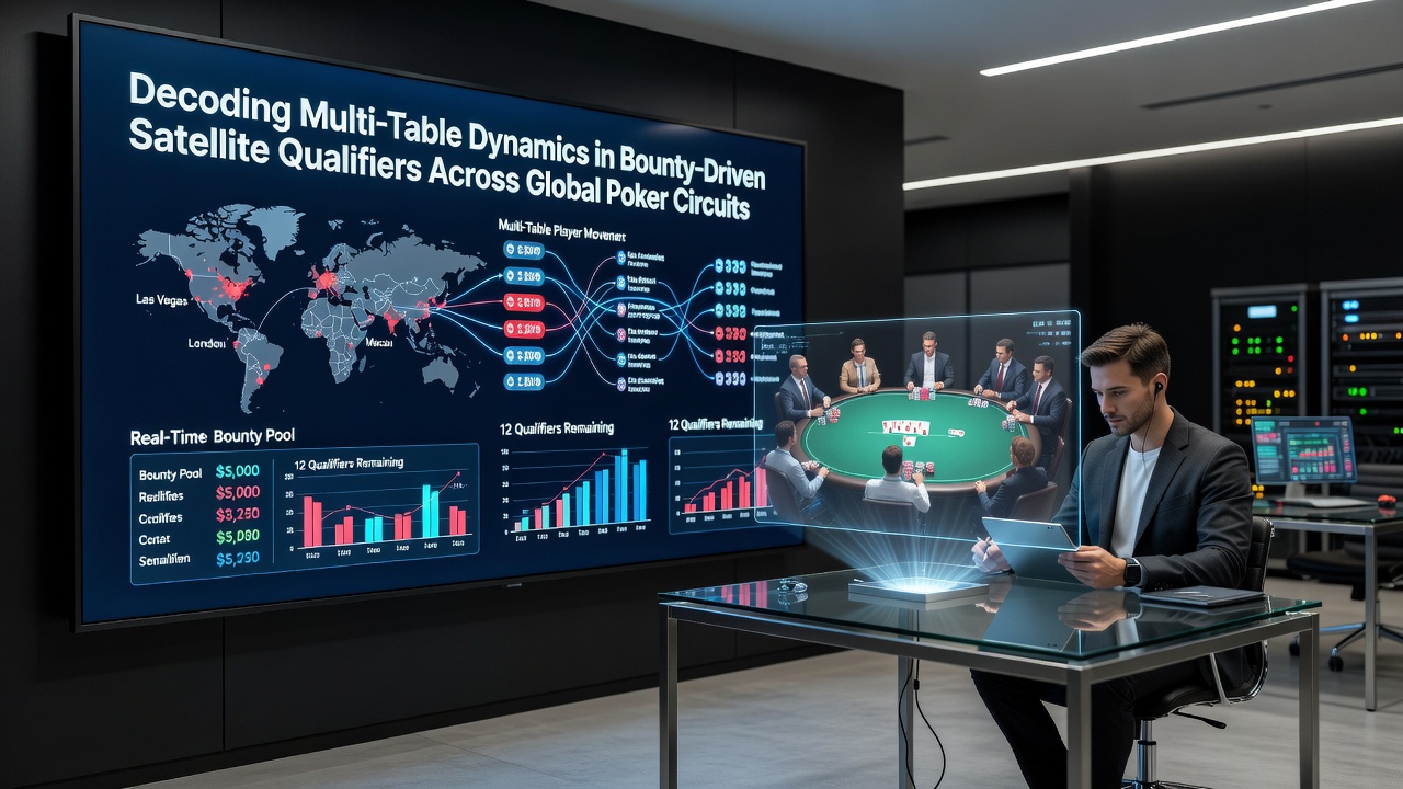 Poker spelers aan multi-table setups tijdens bounty satelliet toernooien