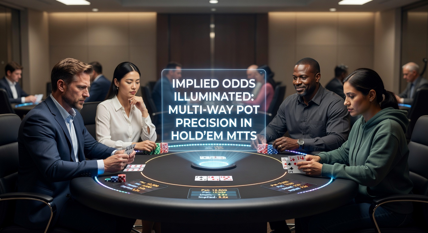 Grafiek met implied odds berekeningen in een multi-way pot tijdens een Hold'em MTT, met stackgroottes en pot odds zichtbaar