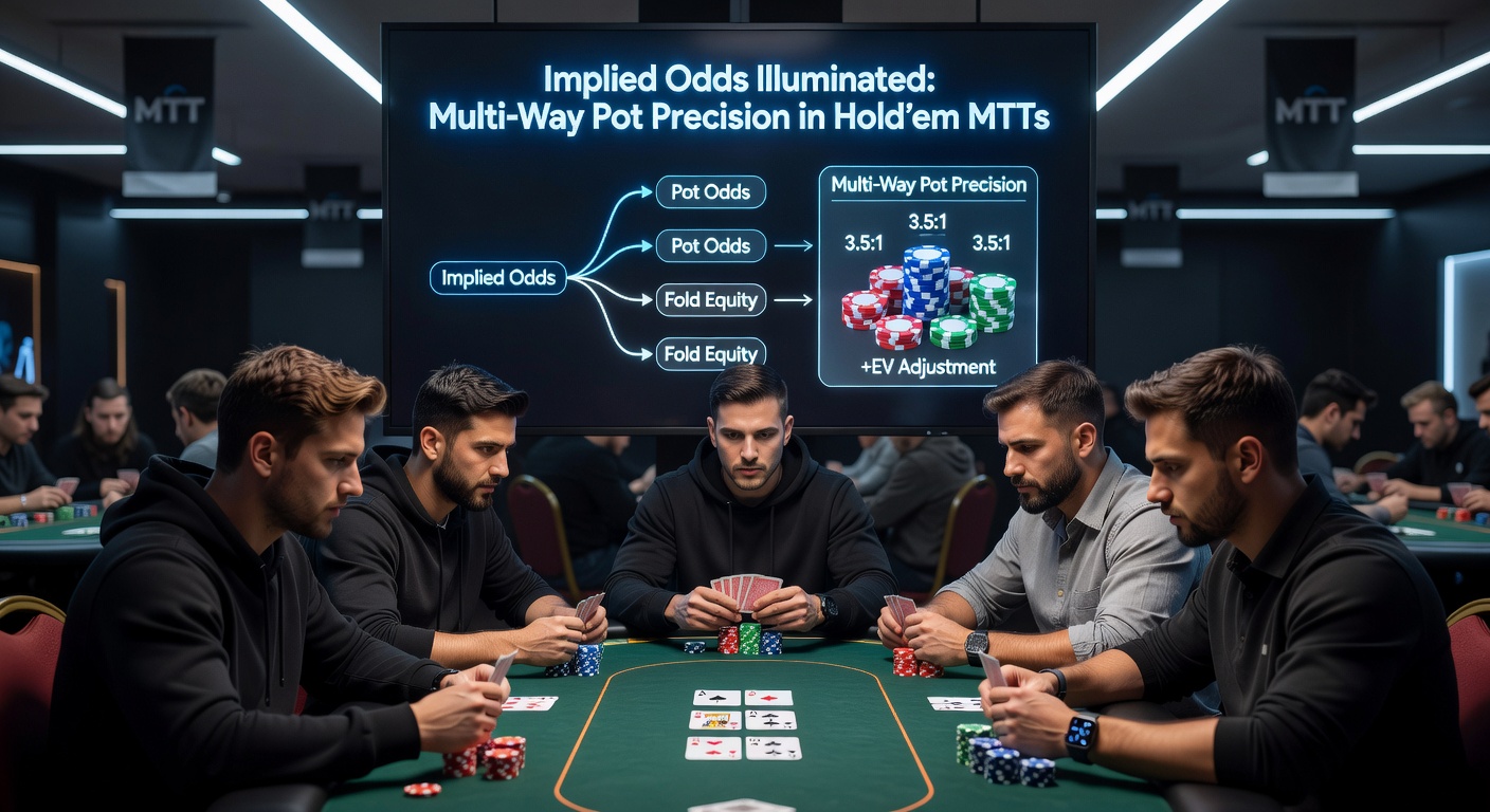 Voorbeeld van een multi-way pot analyse in een Hold'em MTT, met equity grafieken en stack visualisaties op een pokerinterface