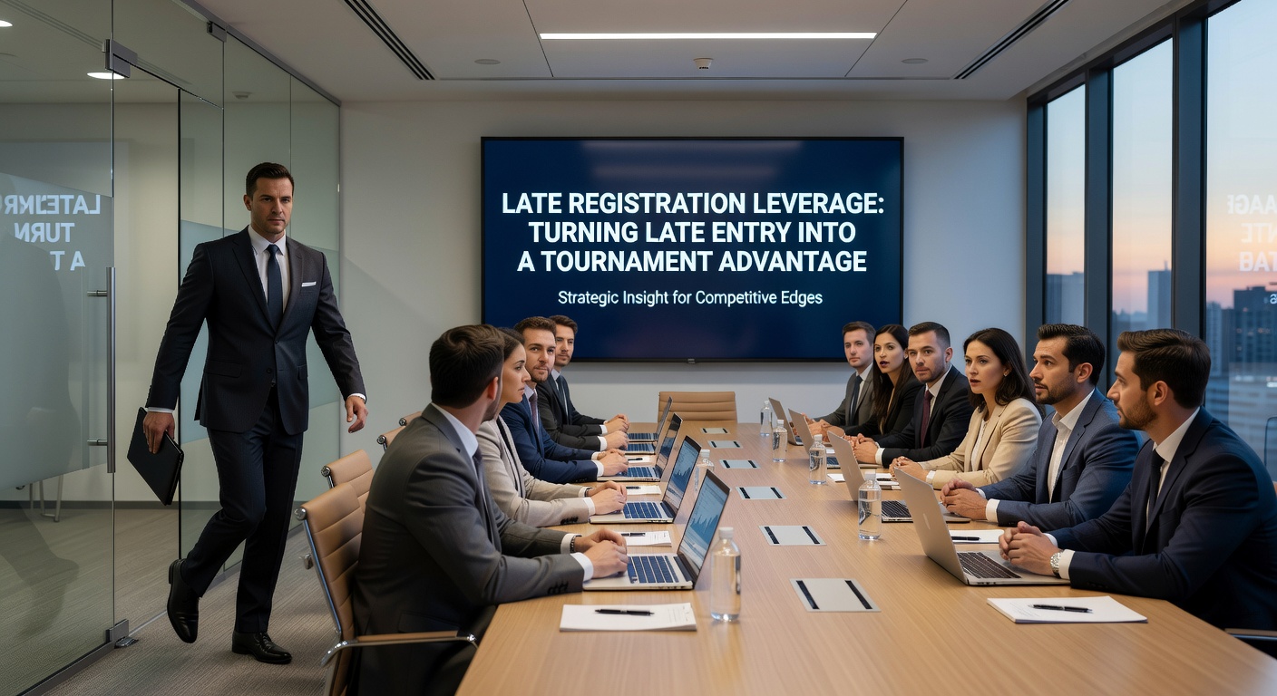 Speler die laat instroomt in een pokertoernooi, met focus op de klok en stacks aan de tafel