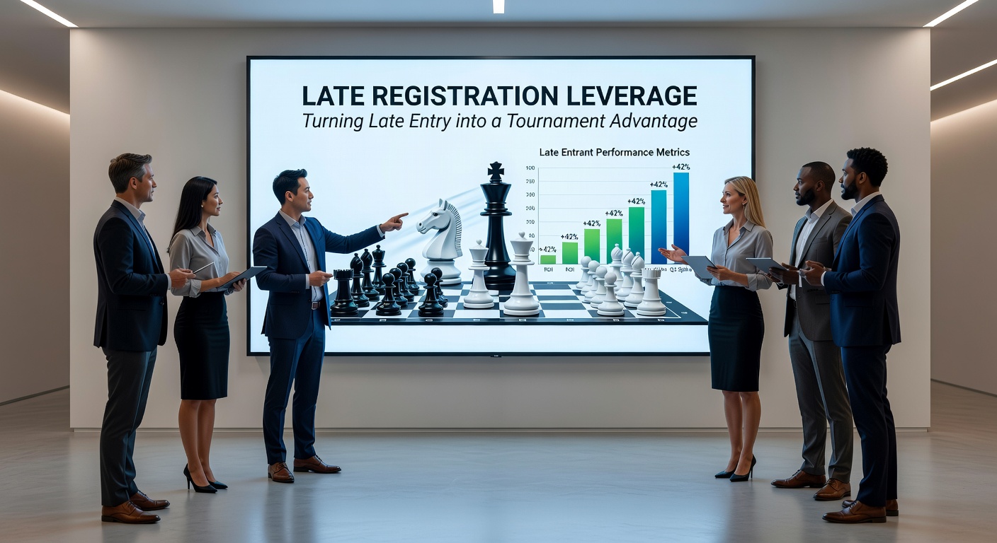 Dynamische pokertafel tijdens late registration fase, met spelers die chips stapelen en de dealer die kaarten deelt