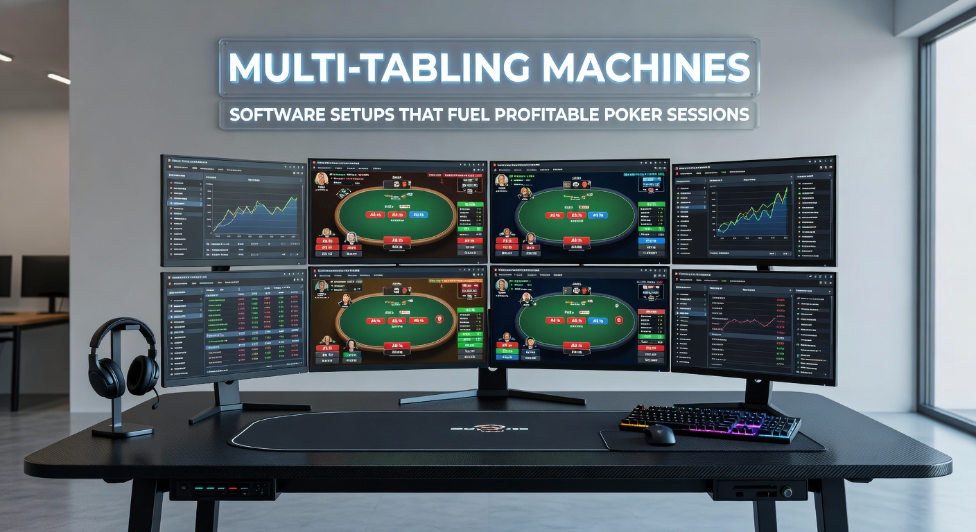 Schermopstelling met meerdere poker tafels open tegelijkertijd, software HUD's zichtbaar op een multi-monitor setup