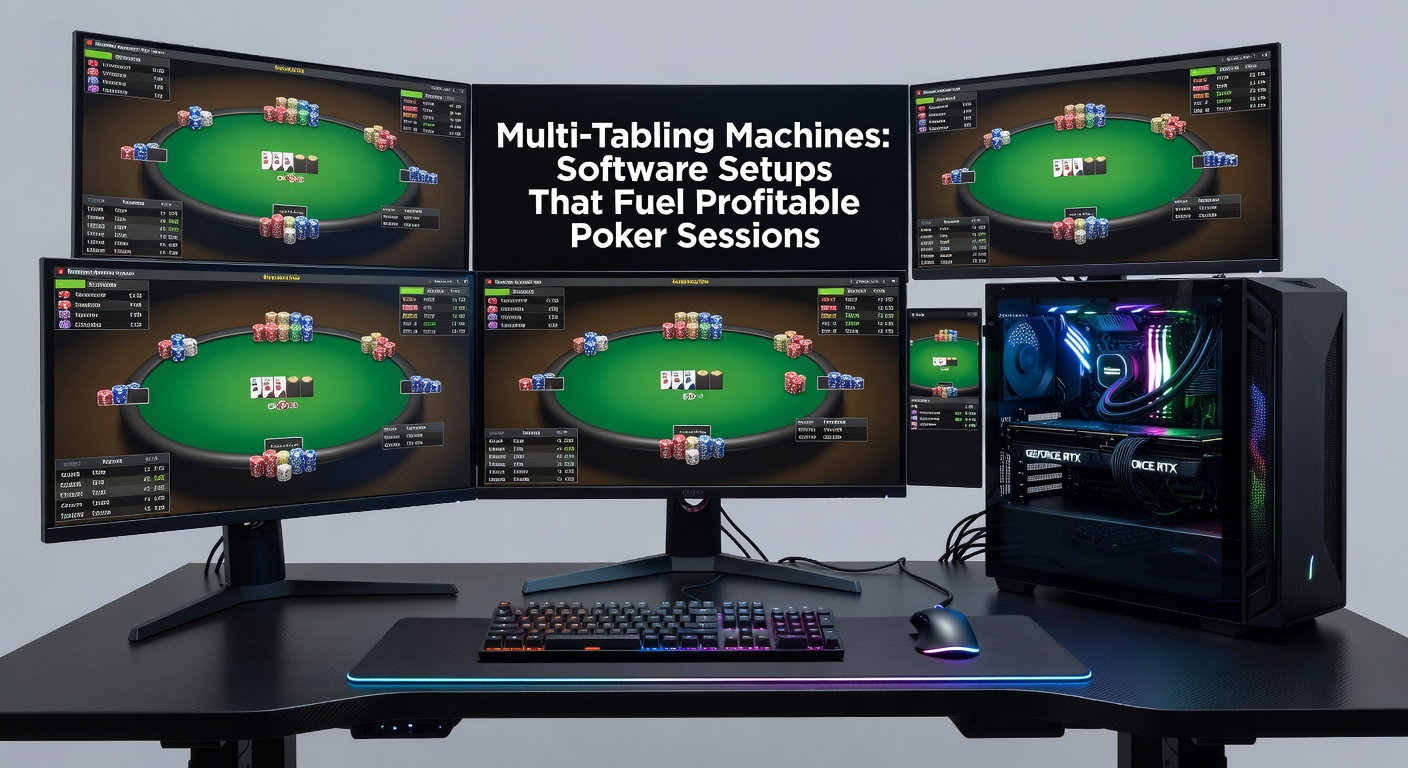 Multi-monitor setup met geavanceerde poker software, HUD overlays en grafieken op schermen tijdens een intensieve sessie