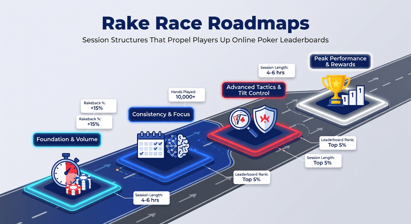 Speler aan meerdere poker tafels tijdens een geplande rake race sessie, leaderboard in de achtergrond