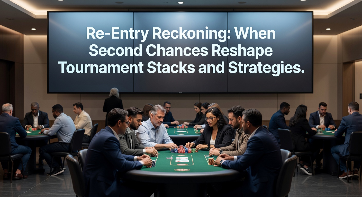 Pokerspelers aan een toernooi tafel, met chips stacks die variëren door re-entry opties, symboliserend dynamische stackveranderingen