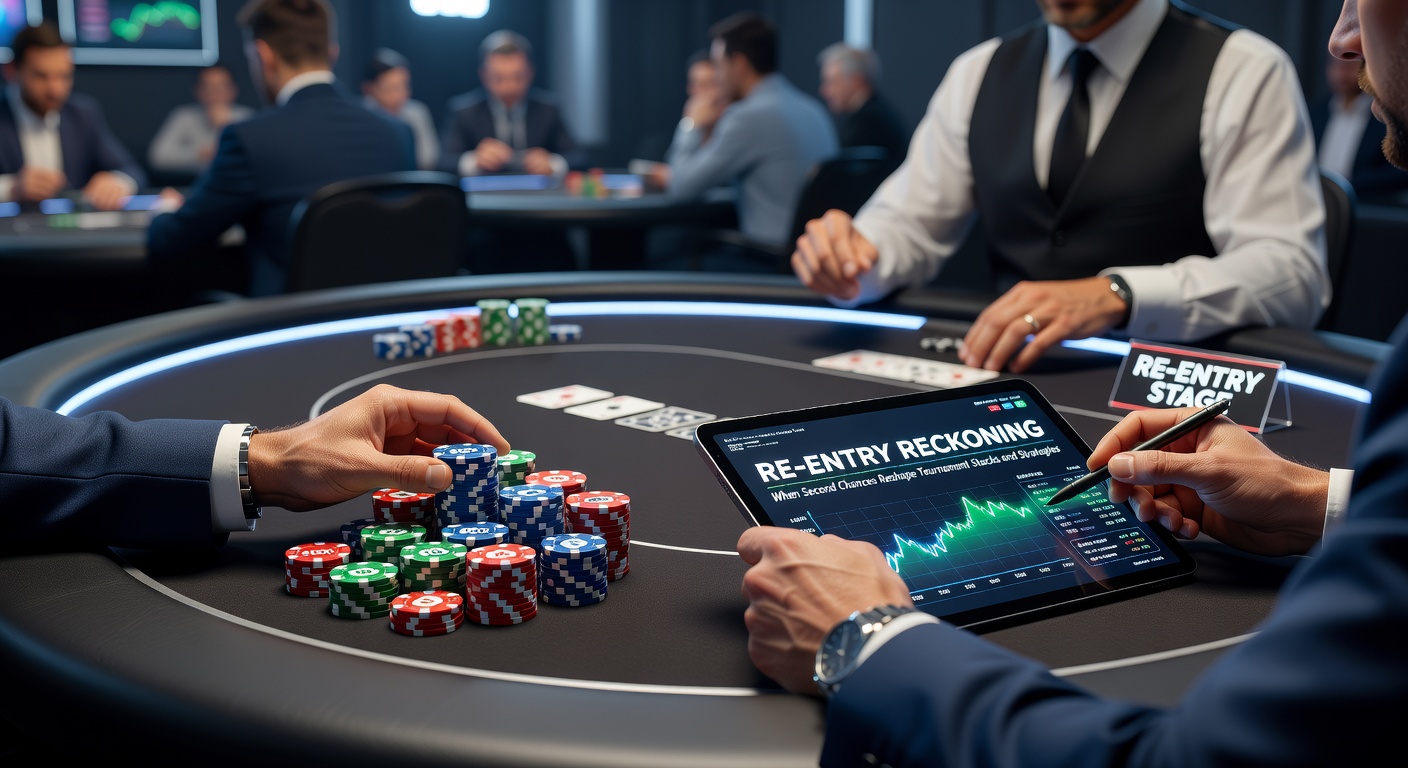 Grafiek van stackdieptes in een re-entry toernooi, illustrerend pieken door nieuwe entries en dalingen nabij de bubble