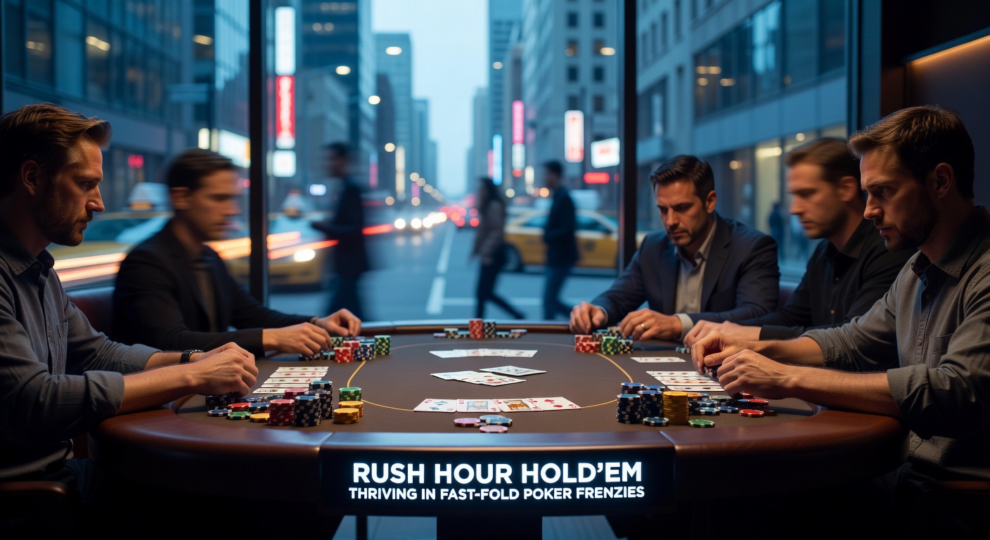 Spelers in een hectische fast-fold poker sessie aan digitale tafels, kaarten vliegen over het scherm terwijl stacks razendsnel groeien en krimpen