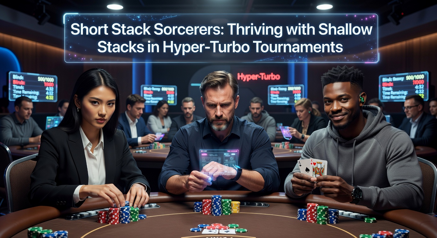 Een pokerkaartentafel met chips die een korte stack voorstellen tijdens een hyper-turbo toernooi, symboliserend snelle actie en strategische pushes
