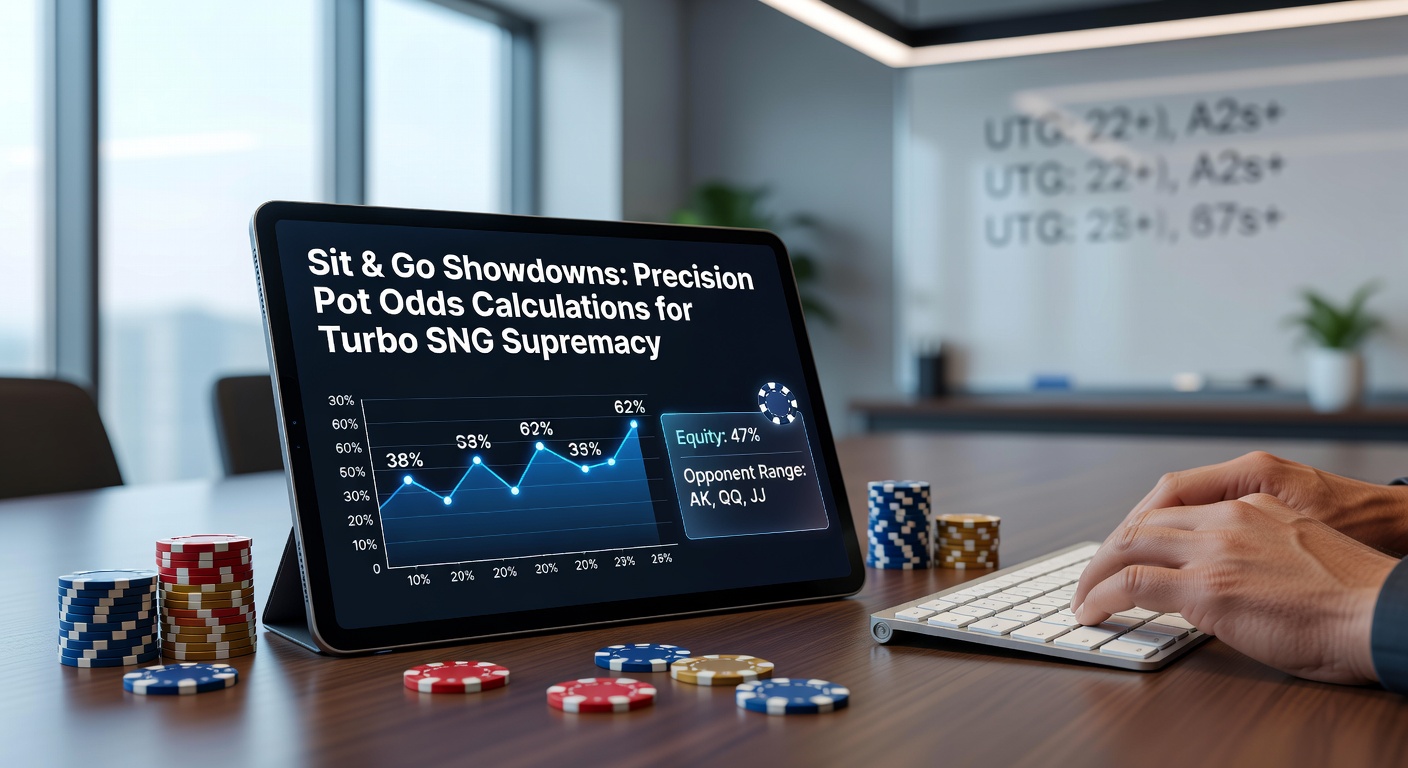 Speler analyseert pot odds aan een online poker tafel tijdens een turbo Sit & Go toernooi, met chips en kaarten in focus