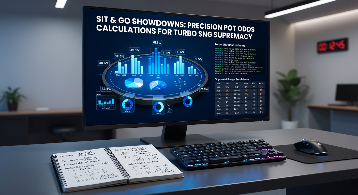 Grafiek met pot odds simulaties en equity curves voor een typische turbo SNG showdown, inclusief stackgroottes en ranges