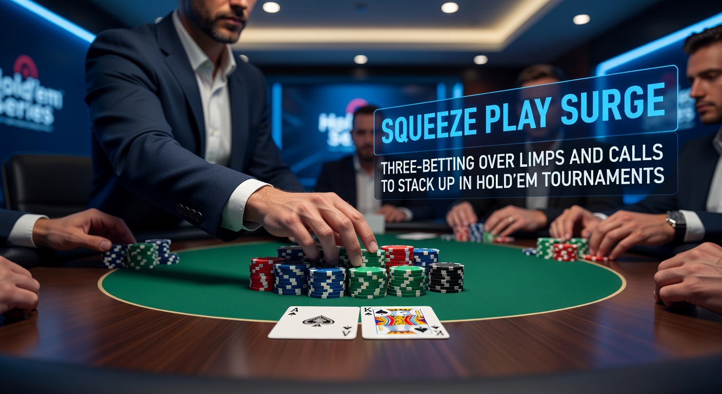 Poker spelers aan tafel tijdens een spannend toernooi moment met een squeeze play actie