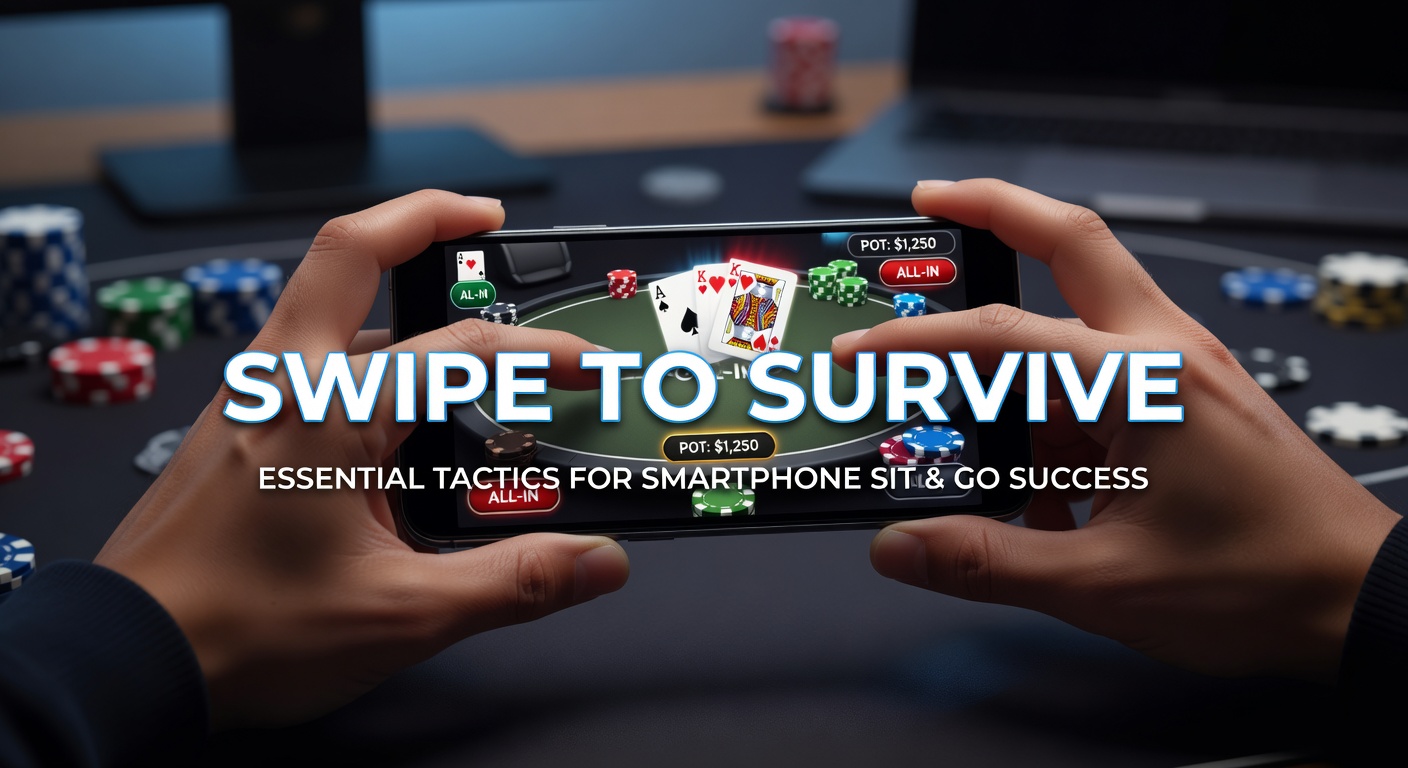Speler veegt op smartphone-scherm tijdens intensieve Sit & Go sessie, met pokerkaarten en chips zichtbaar op de achtergrond