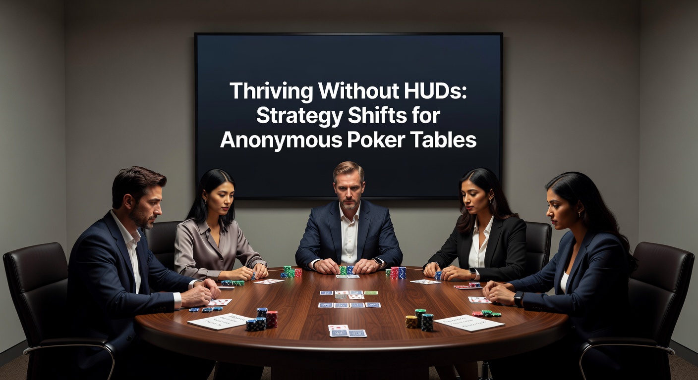 Een anonieme pokertafel waar spelers zonder HUD-stats spelen, met focus op kaarten en chips