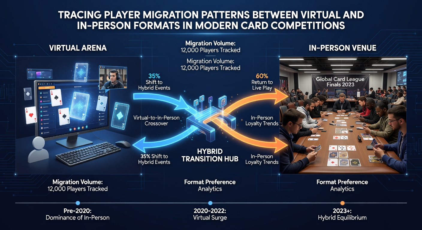 Grafiek die migratiestromen tussen virtuele en fysieke kaarttoernooien illustreert met pijlen en percentages